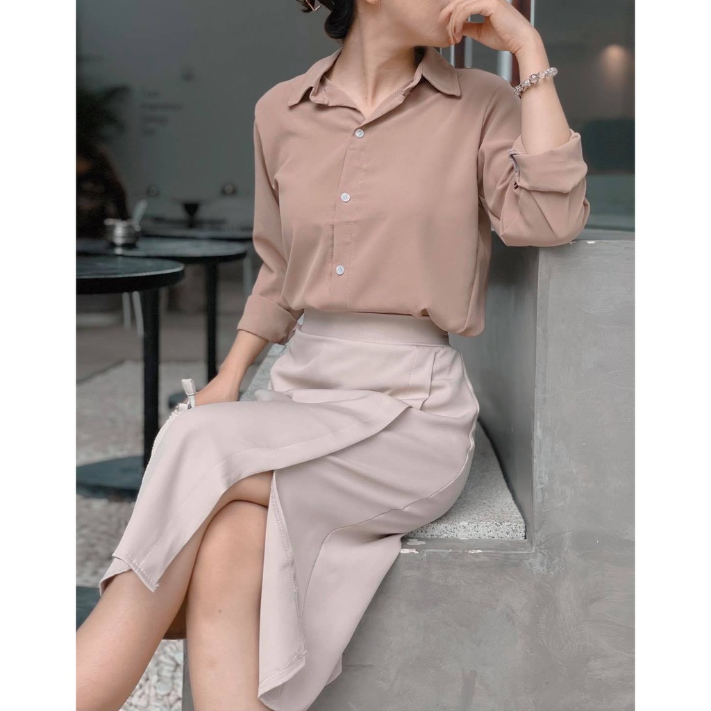 Set chân váy midi mix áo sơ mi nâu công sở