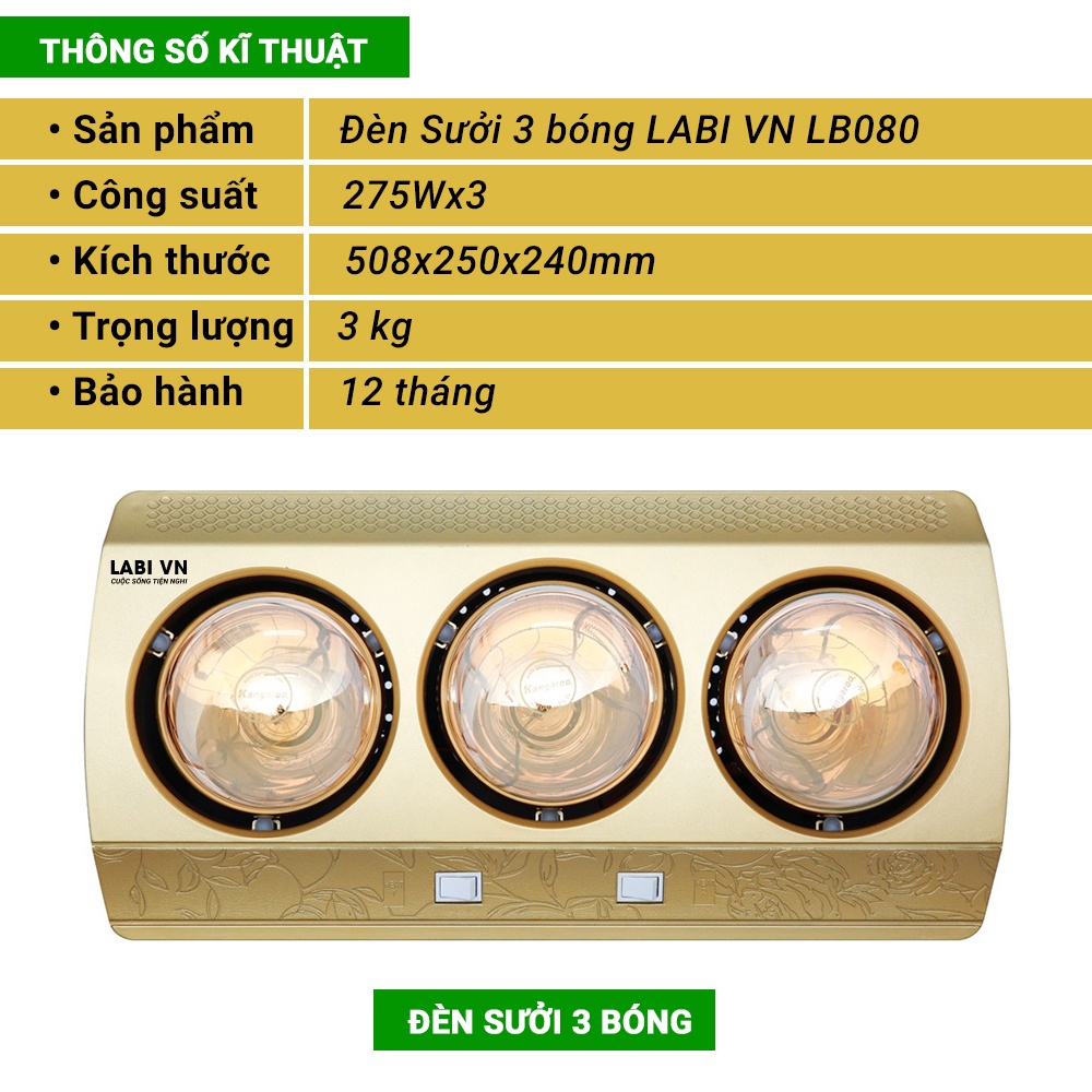 Đèn sưởi nhà tắm LABI VN LB080 cao cấp tiết kiệm điện, bóng đề phủ nano không gây chói mắt