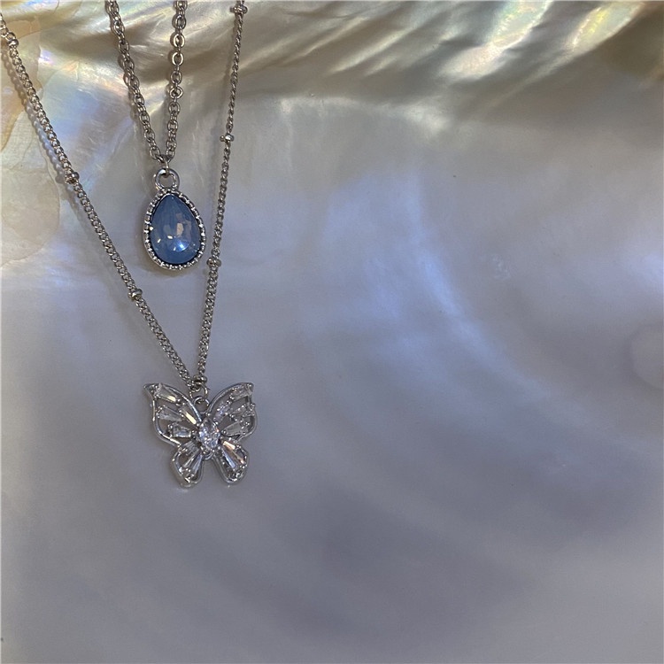 Dây chuyền 19A1074 đính đá zircon hình giọt nước màu xanh dương / mặt bướm phong cách cổ điển Hàn Quốc