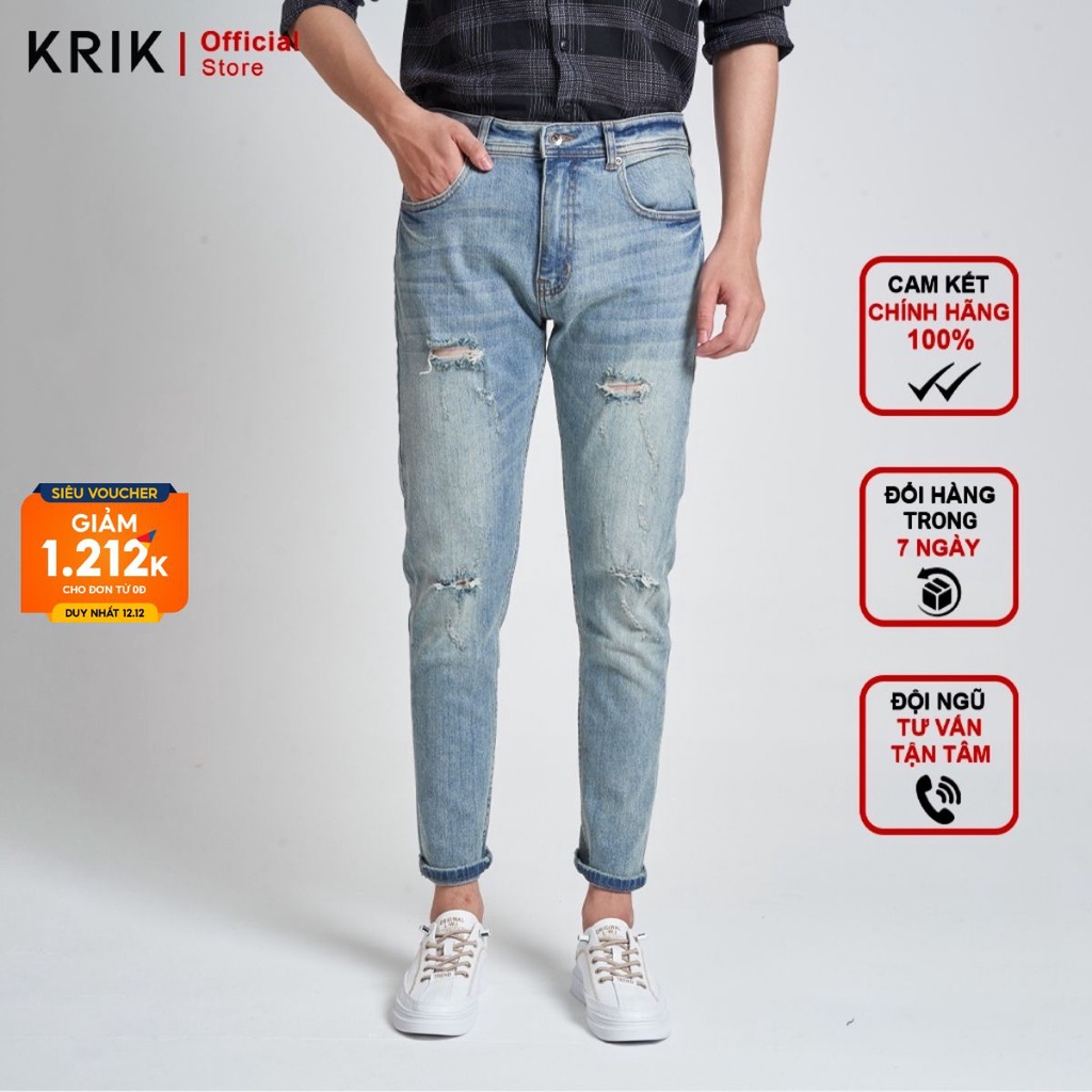 Quần Jean Nam Đẹp Chất Bò Local Brand KRIK Dáng Slimfit Màu Xanh Rách Xước QJ1003 | BigBuy360 - bigbuy360.vn