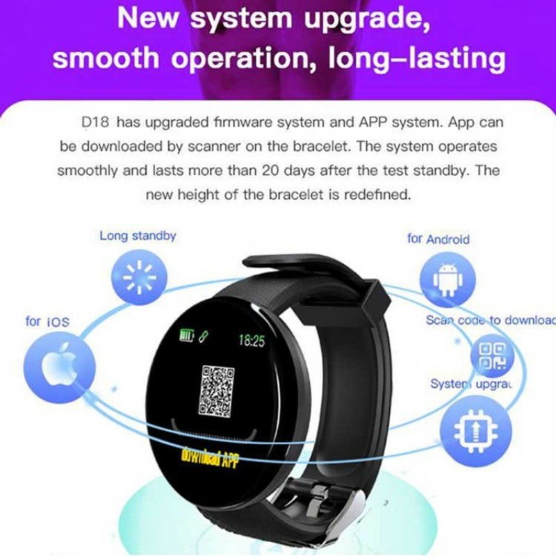 D18 Smartwatch Waterproof Smart Bracelet Health Heart Rate Smartband Fitness Watch
