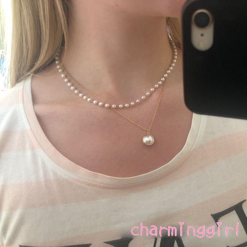 QAQ-Women´s Artificial Pearl Necklace with Pendant Multi-layer Neck Accessories with Adjustable Chain