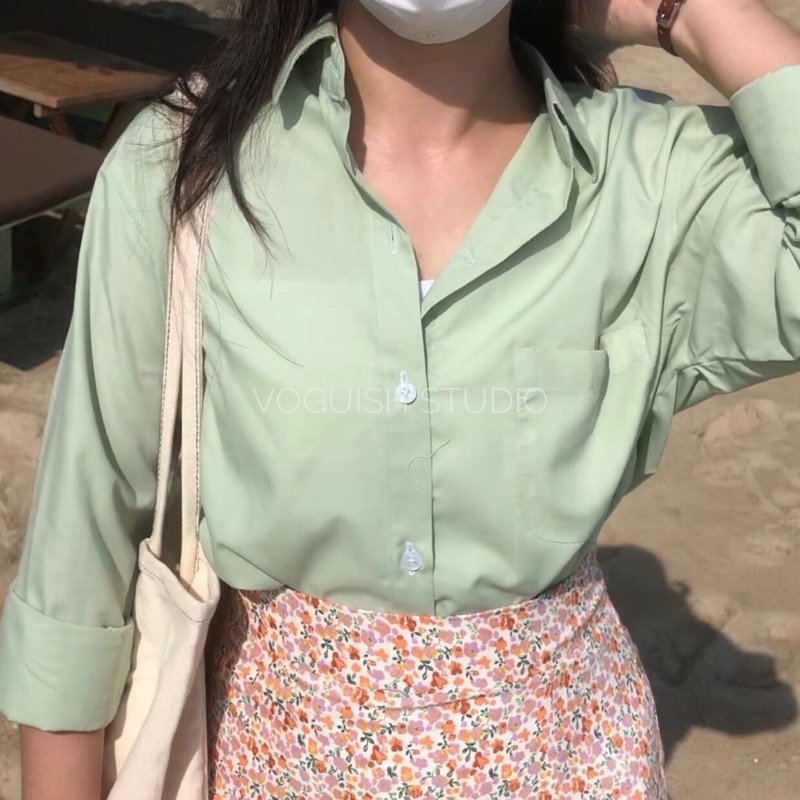 Áo Sơ Mi Vải Cotton Dài Tay Xanh Mint / Xanh Bạc Hà Cho Nữ