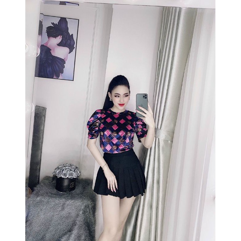 Áo nhung tay phồng họa tiết quảng châu