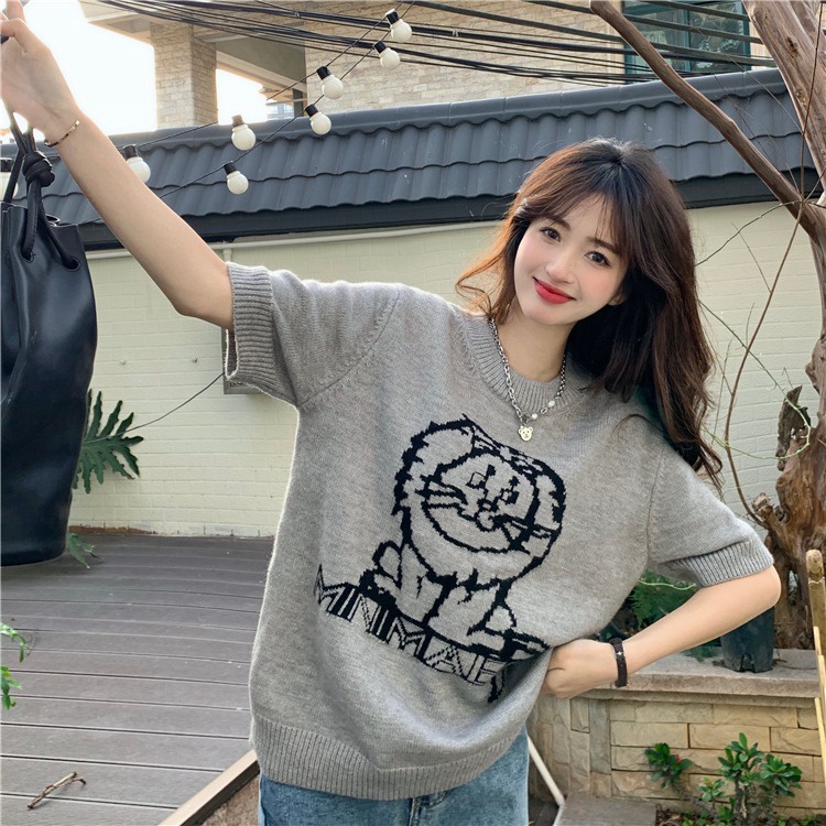 ZHELIHANGFEI Áo len dệt kim thêu ngắn tay áo ngắn tay kiểu dáng rộng rãi đa năng