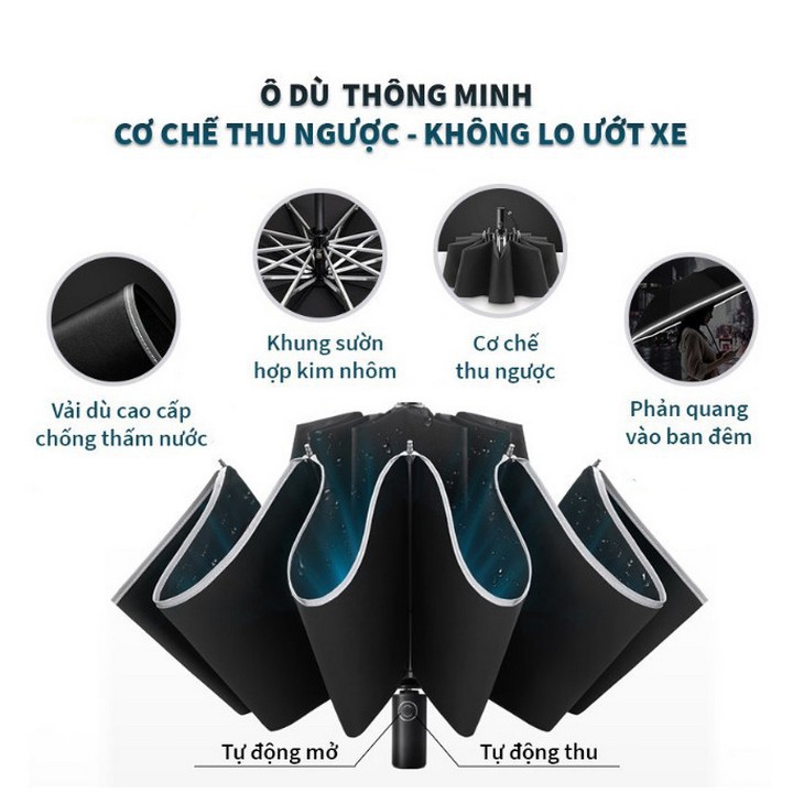 Dù che mưa - Mở, Gấp tự động - Ô mở ngược chống ướt khi mở gập - Kết hợp đèn Pin NIKITA