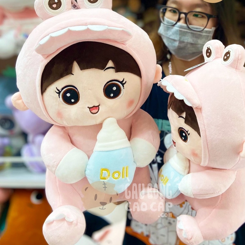 Gấu bông búp bê baby cosplay khủng long ôm bình sữa