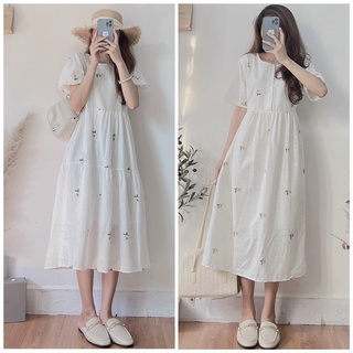 Đầm Babydoll trắng nữ tay phồng in hình hoa cúc có lớp lót – Da Nâu Vintage