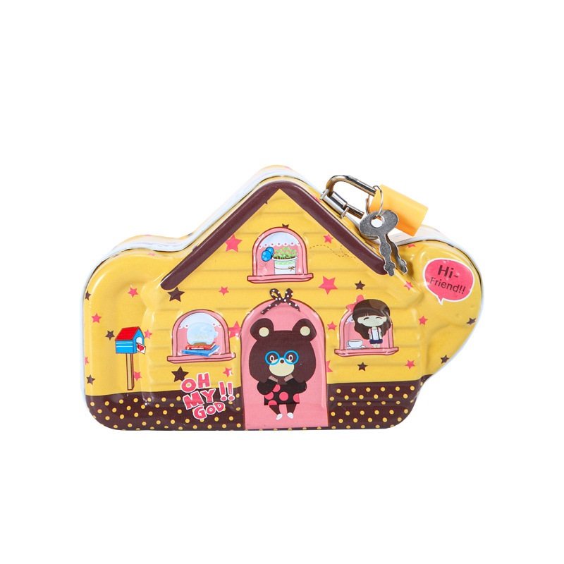 Két Sắt Ống Heo Tiết Kiệm Ngôi Nhà Ba Cửa Sổ Có Khóa Mini Cho Bé