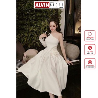Đầm xoè kiểu tay dài lệch vai hoa eo sang trọng, quý phái alvin store 1440e