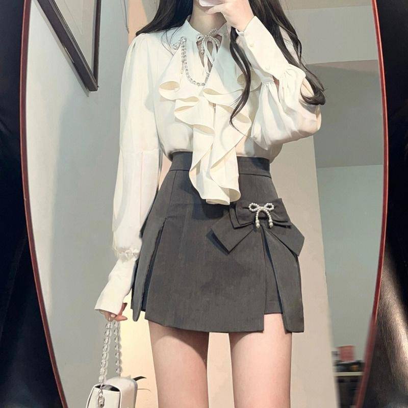 Áo sơ mi hai mảnh kiểu Pháp Váy chiết eo cao mùa thu mới