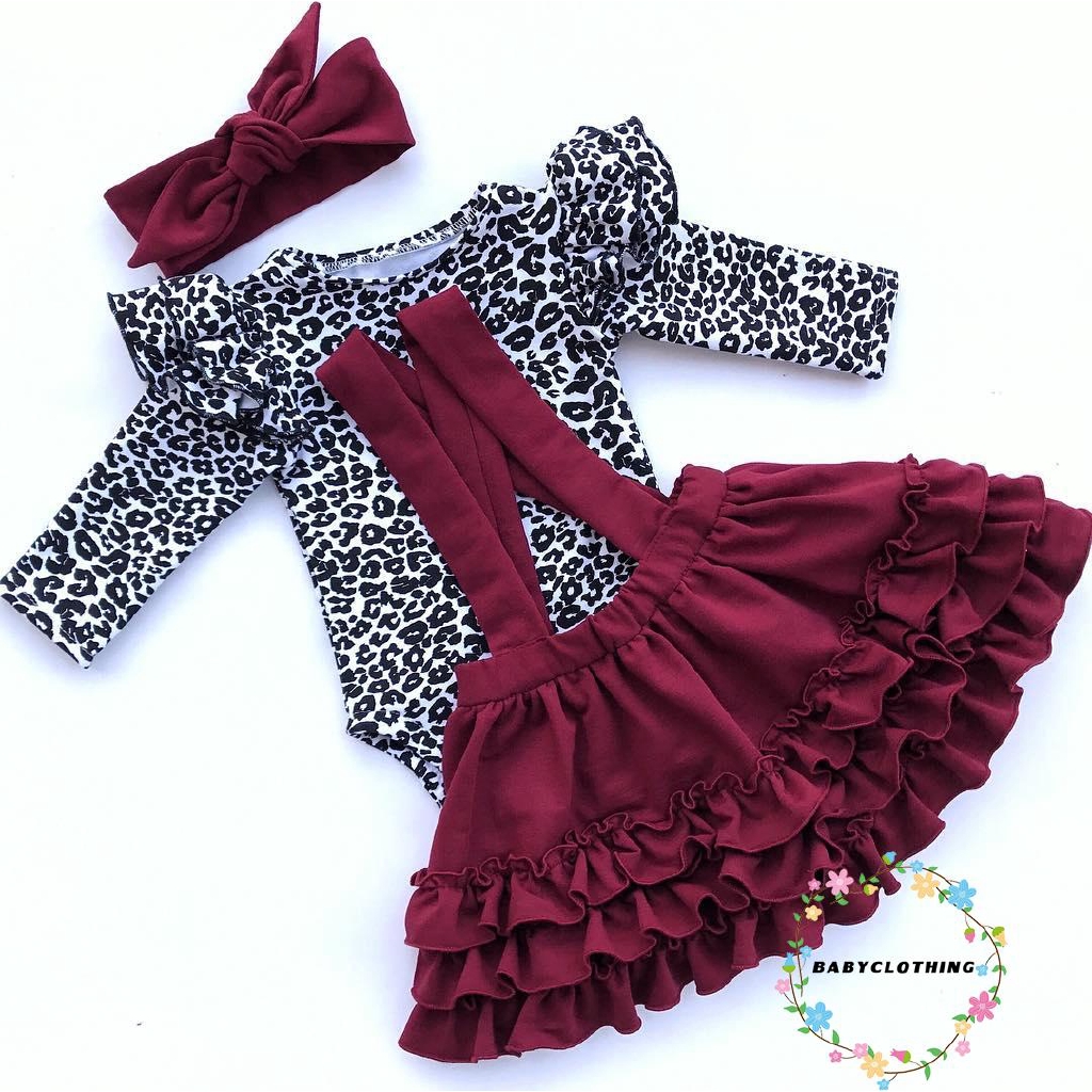 ღWSVღNewborn Kids Toddler Baby Girl Clothes Leopard Romper Bodysuit Ruffle Suspender Skirt Dress Outfit Set