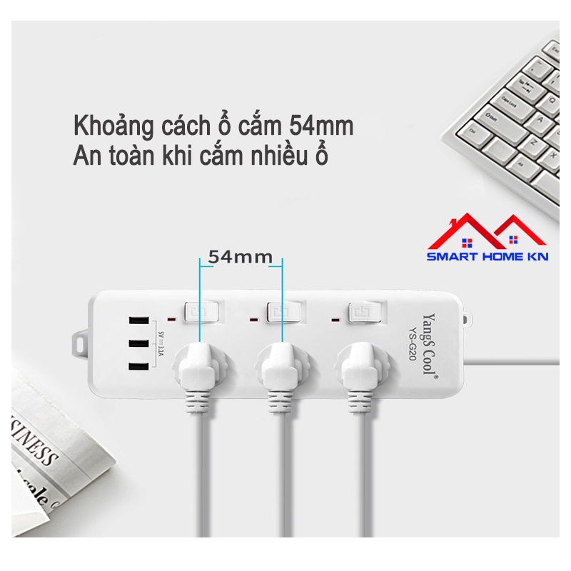 ổ cắm điện đa năng 3 chấu thông minh có cổng usb sạc nhanh điện thoại chịu tải 2500w an toàn chống cháy chống giật