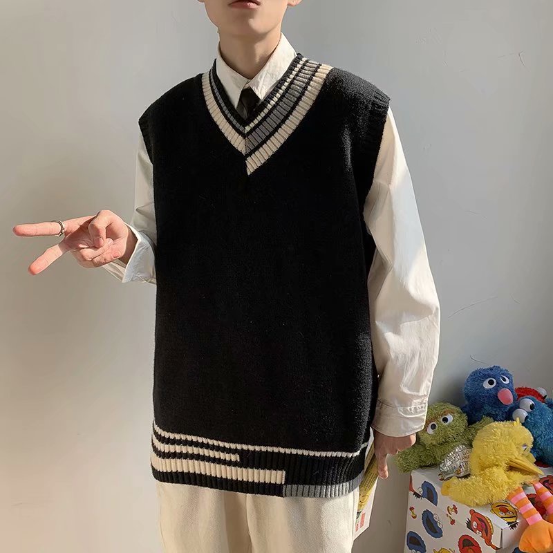 Áo Sweater Dệt Kim Unisex Cổ Chữ V Không Tay Phong Cách Hàn Quốc 4 Màu Sắc Size M-3XL