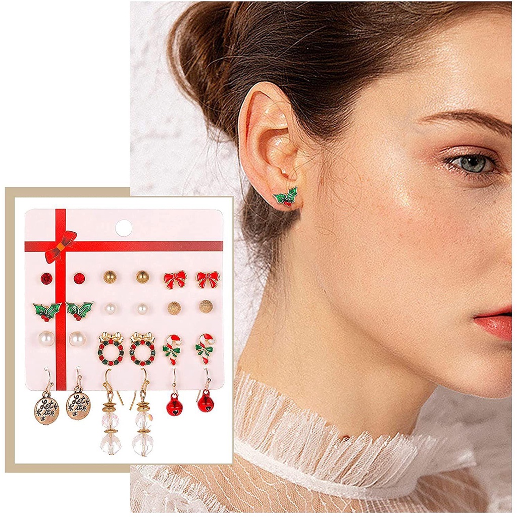 Bộ 12 Đôi Bông Tai Móc Hình Cây Thông Giáng Sinh / Người Tuyết