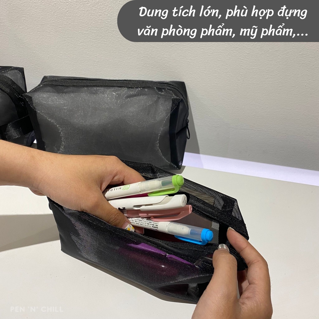 Túi lưới đen đựng bút, mỹ phẩm có khóa kéo nhiều kích thước