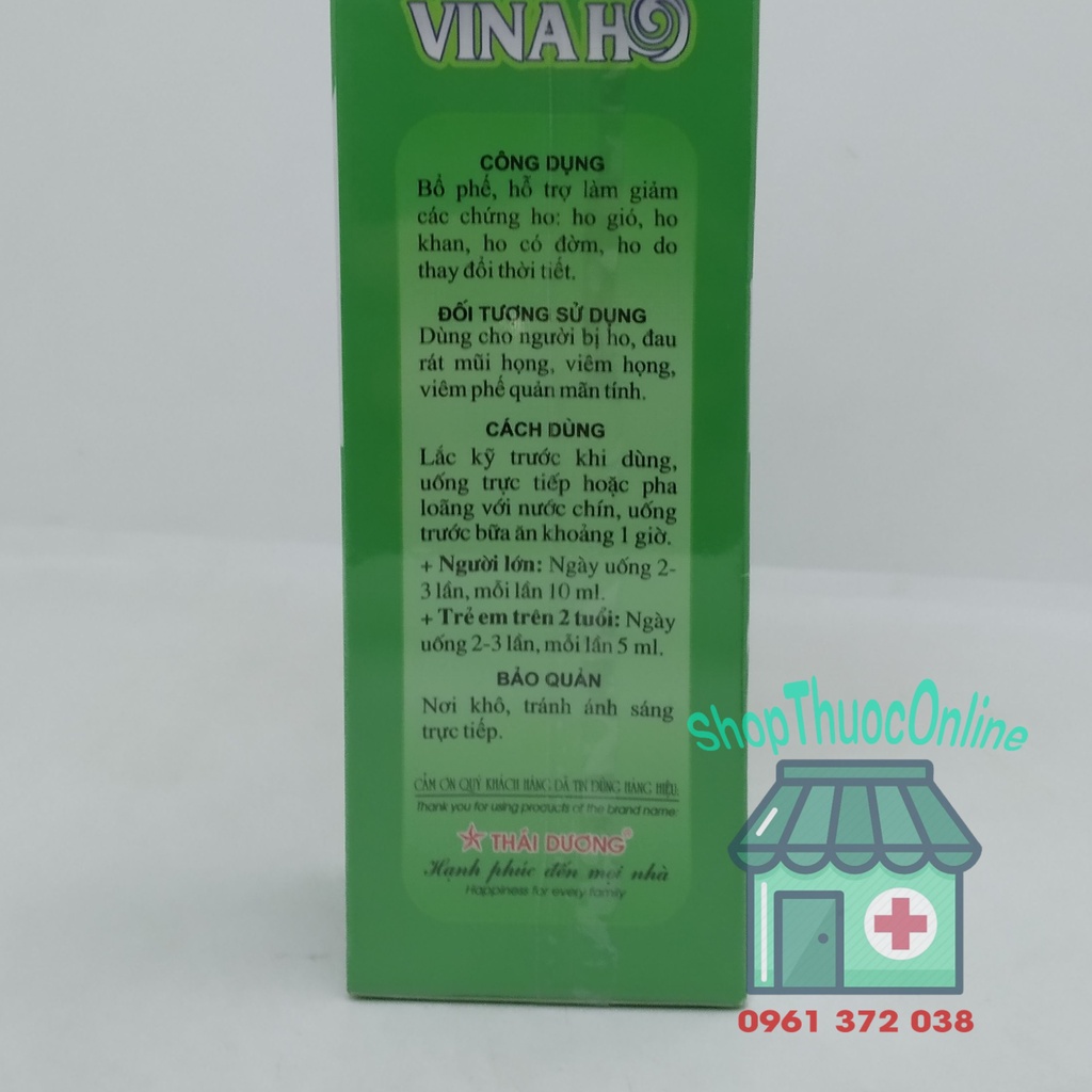 Siro VINAHO Sao Thái Dương - Bổ phế, hỗ trợ làm giảm các chứng ho chai 100ml