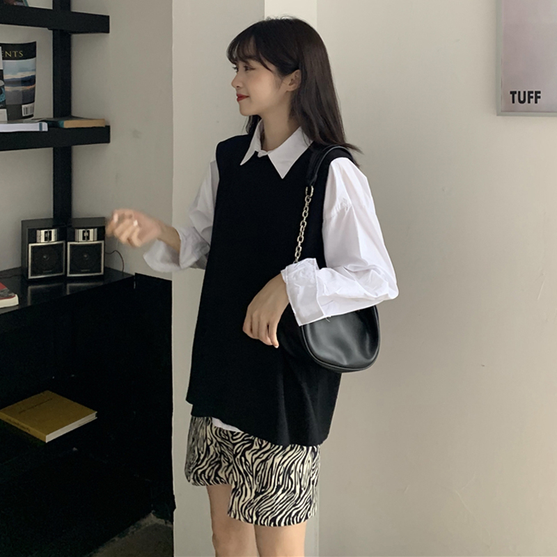 Set áo sơ mi tay dài kèm áo khoác len không tay và chân váy chữ A thời trang dành cho nữ | BigBuy360 - bigbuy360.vn