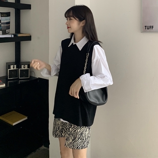 Set áo sơ mi tay dài kèm áo khoác len không tay và chân váy chữ A thời trang dành cho nữ