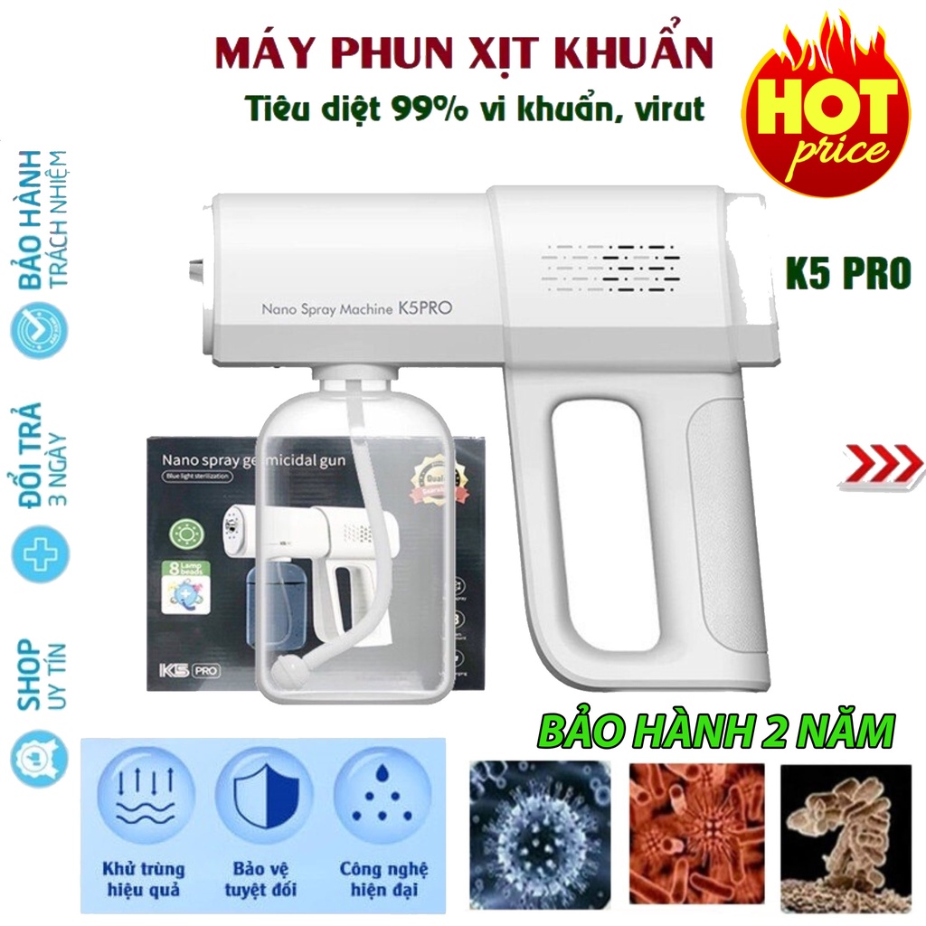 Máy phun khử khuẩn nano loại tốt, sát diệt khuẩn covid lên tới 99%, Súng Phun Khử Khuẩn K5 Pro Cao Cấp Bằng Tia Uv