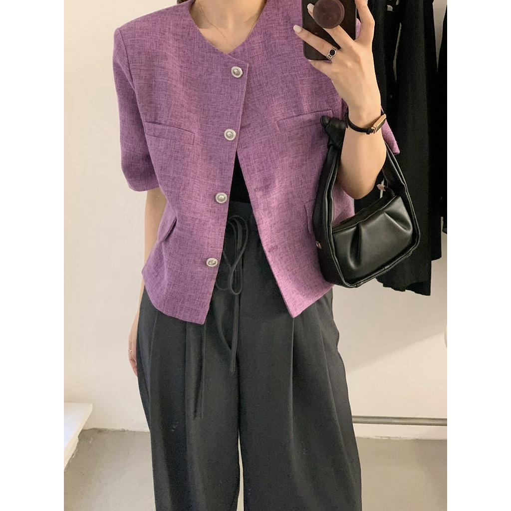 Áo Khoác Vest Vải Tuýt Cài Nút Ngắn Tay Ba Màu Thanh Lịch 54253