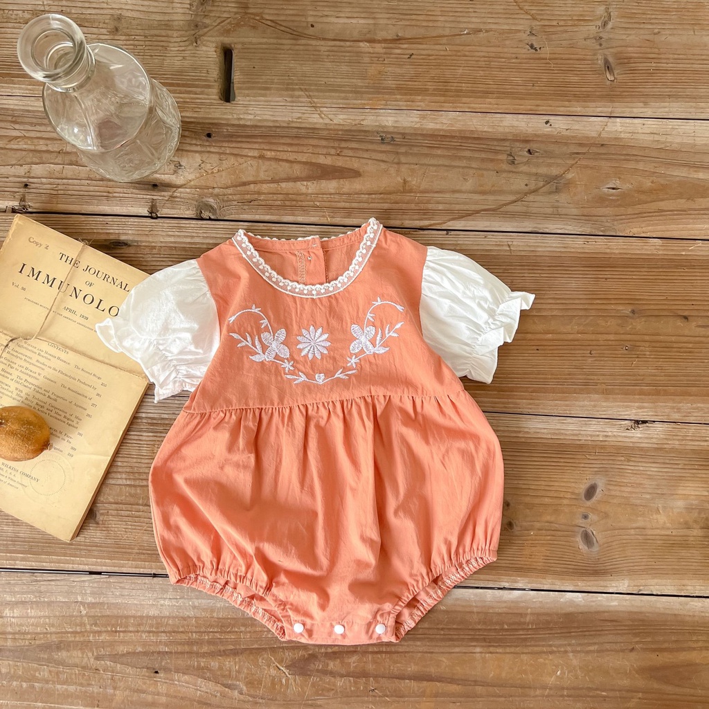 Áo Liền Quần Tay Phồng Cổ Tròn Thêu Ren Màu Sắc Tương Phản Thời Trang Mùa Hè Xinh Xắn Cho Bé Gái