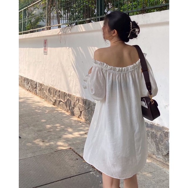 Đầm Min Dress trễ vai dáng ngắn tay bo trắng