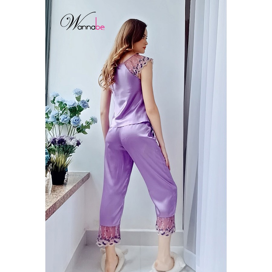 Đồ bộ mặc nhà phi lụa Wannabe bộ dài bds06 phối ren hoa tay áo nhẹ nhàng quý phái