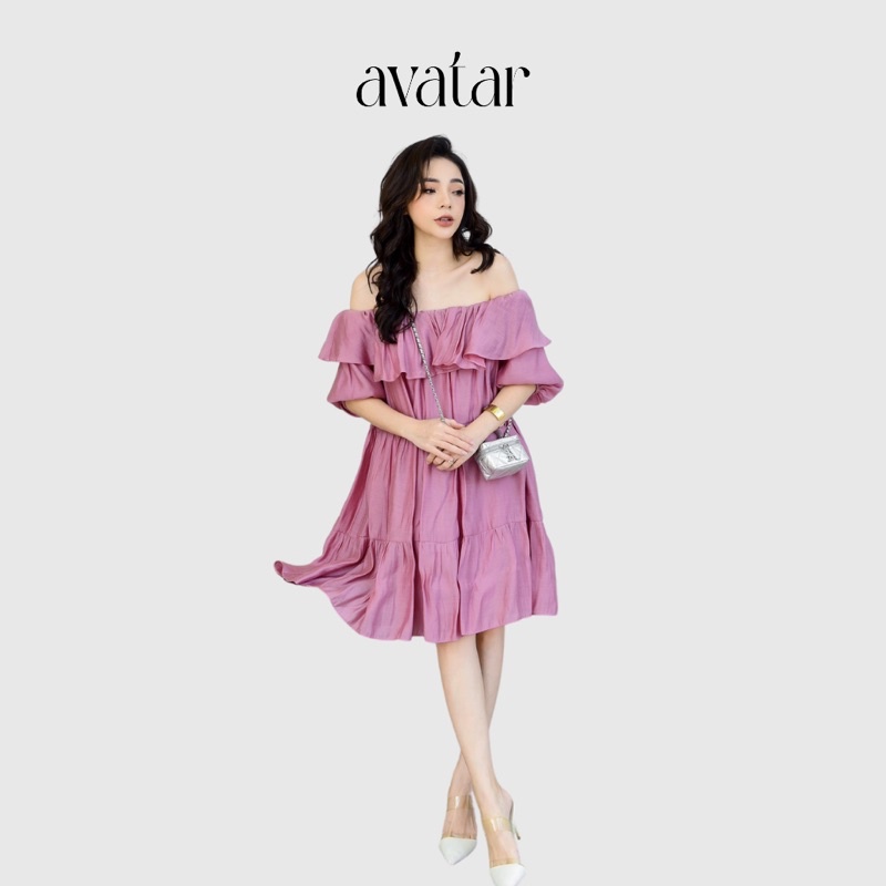 Váy trễ vai chun tầng, đầm hở vai voan tơ dáng xòe - AVATAR SHOP