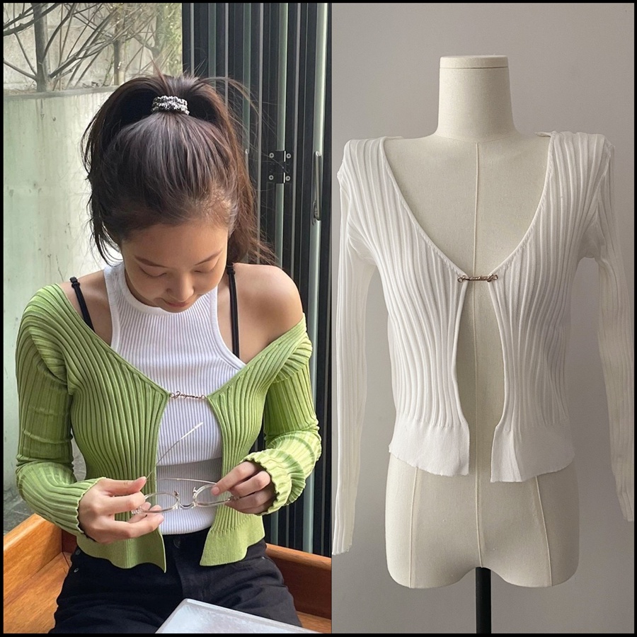 Mới Áo Khoác cardigan Dệt Kim Tay Dài Cổ Chữ V Trễ Vai