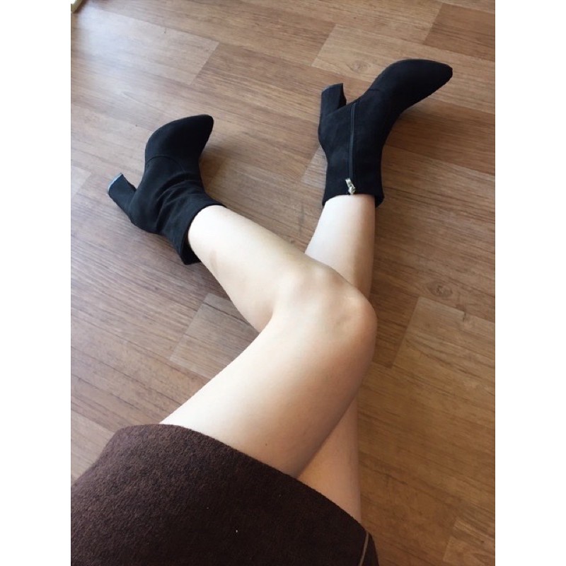 [Sẵn hàng] Giày boots nữ I Bốt lửng gót vuông 7p khoá cạnh đế đỏ hàng đẹp lót lông