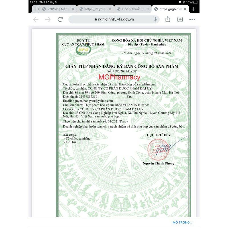 Vitamin B1 _hũ 100 viên màu xanh