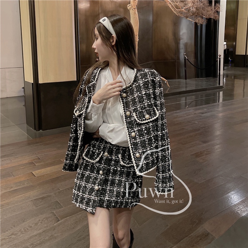 Set váy dạ tiểu thư thanh lịch áo vest kết hợp chân váy xéo Puwn Shop