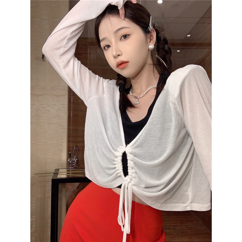 LALISAS Áo Dệt Kim Mỏng Phối Dây Rút Phong Cách Thời Trang Hàn Quốc