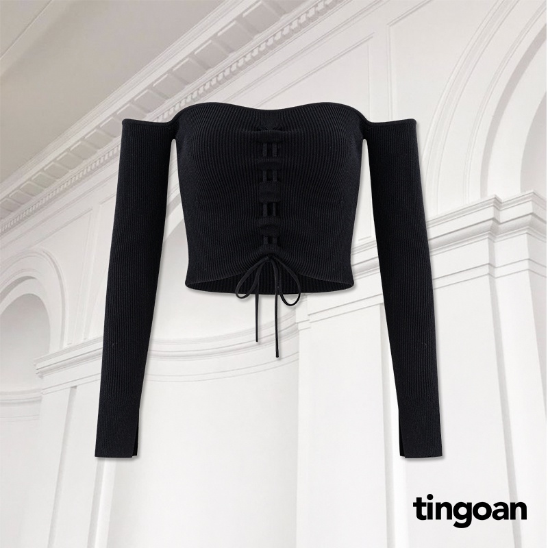 Áo len đen trễ vai rút dây tay dài sẻ vạt tingoan sài gòn LUCIA TOP/BL