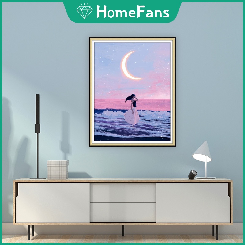 Bộ Tranh Đính Đá 5D Tự Làm 30x40cm / 40x50cm Hình Cô Gái Và Mặt Trăng Trang Trí Nhà Cửa