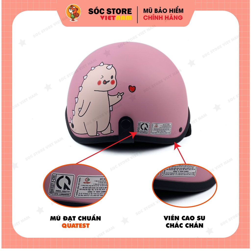 Mũ bảo hiểm nửa đầu 1/2 in hình Khủng long hồng kính phi công Sóc Store Vietnam, nón bảo hiểm 1/2 khủng long màu hồng