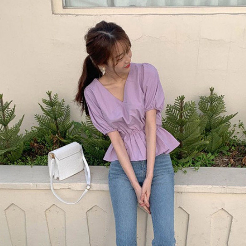 IELGY Áo Sơ Mi Tay Ngắn Chiết Eo Phong Cách retro Phương Tây Dành Cho Nữ