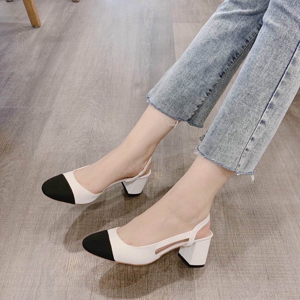 Giày cao gót mũi tròn pha da gót 7cm tinh tế
