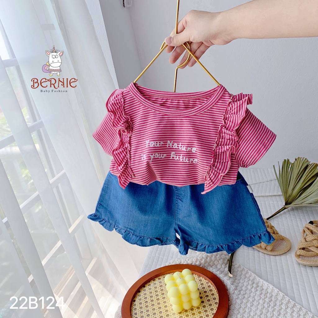 Bộ cotton bé gái xinh xắn, bộ thun bé gái phối quần giả bò đẹp