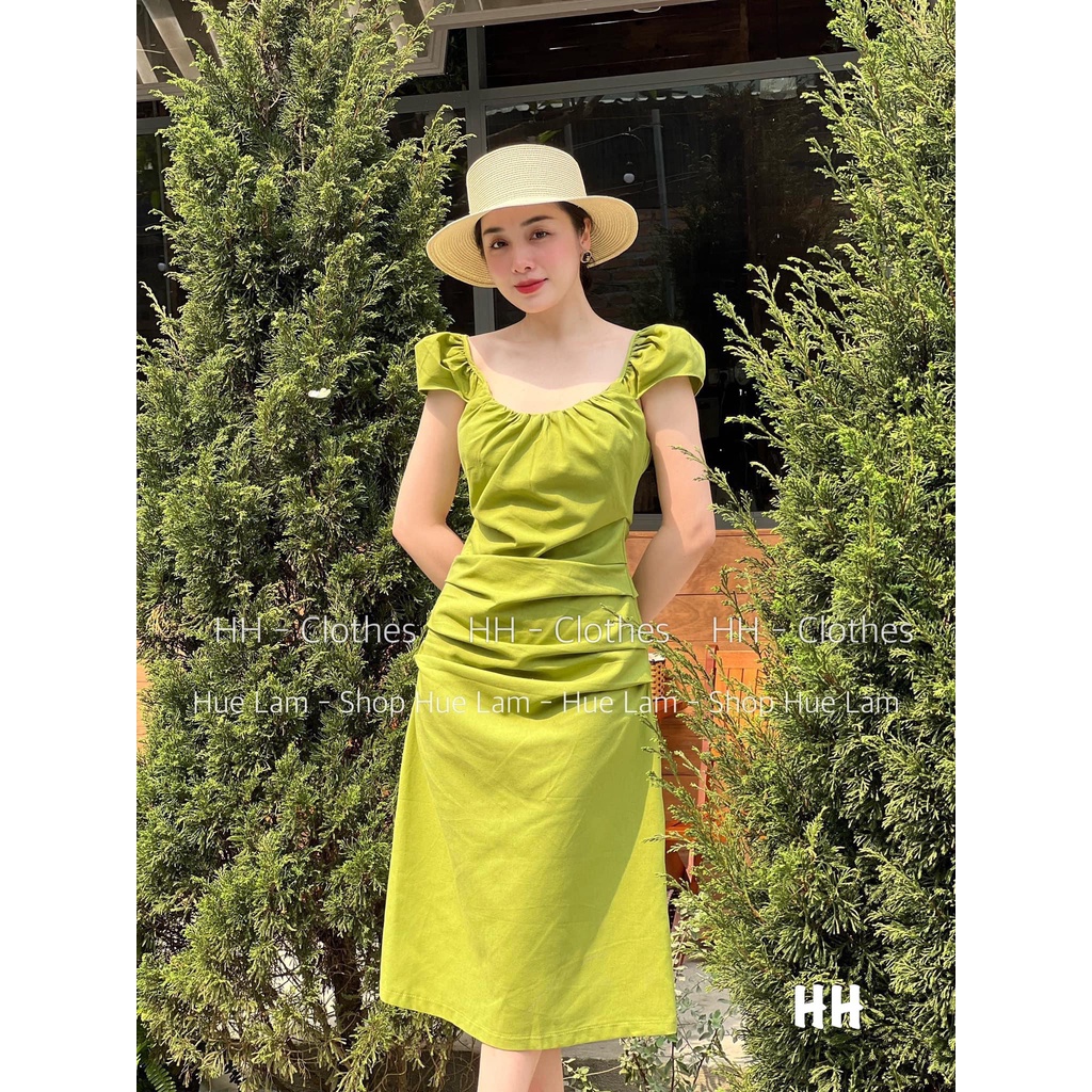 Đầm thô nhún hông xanh bơ+hồng sen