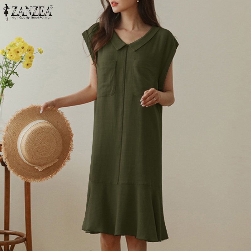 Đầm ZANZEA ngắn tay cổ bẻ form rộng phối bèo thời trang nữ tính