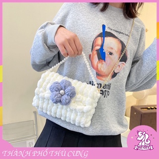 Túi tự đan, túi len bi cài hoa xinh xắn có video hướng dẫn