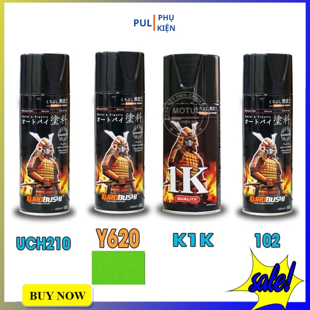 Combo 4 chai sơn samurai màu xanh lá gồm Y620 - UCH210 - 102 - K1K - giấy nhám P800