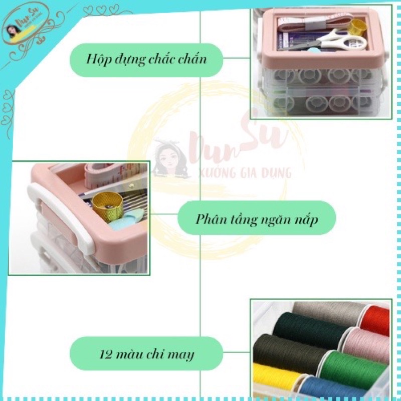 (Hàng Cao Cấp) Bộ Hộp Kim Chỉ May Vá Đa Năng Gia Đình NHIỀU TẦNG T3 - Kim Khâu, Chỉ, Kéo, Thước Dây, Đủ Size Màu Mini