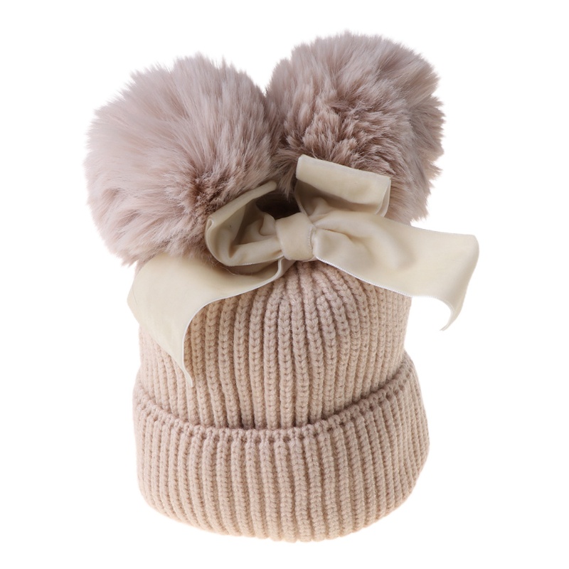 Mũ Beanie Dệt Kim Dày Dặn Giữ Ấm Mùa Đông Phối Cục Bông Xinh Xắn Dành Cho Bé