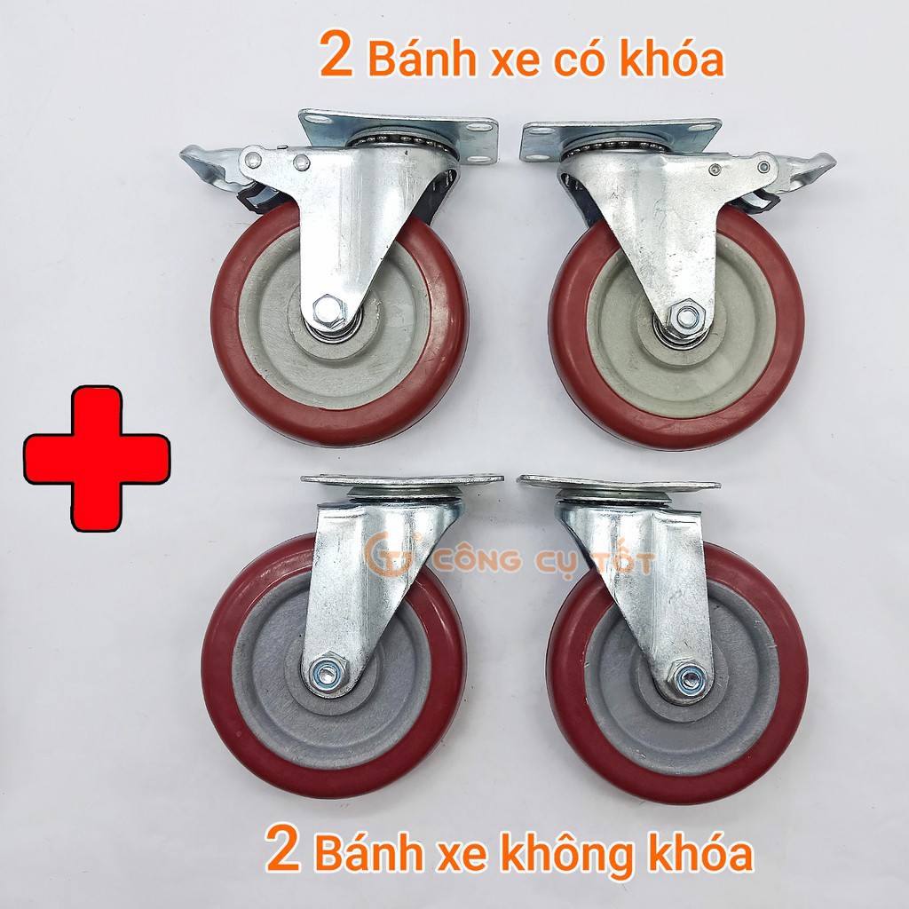 Bộ 4 bánh xe đỏ mận đẩy hàng tổng tải 260kg xoay 360 độ lốp nhựa đỏ mận hãm sau Φ120mm