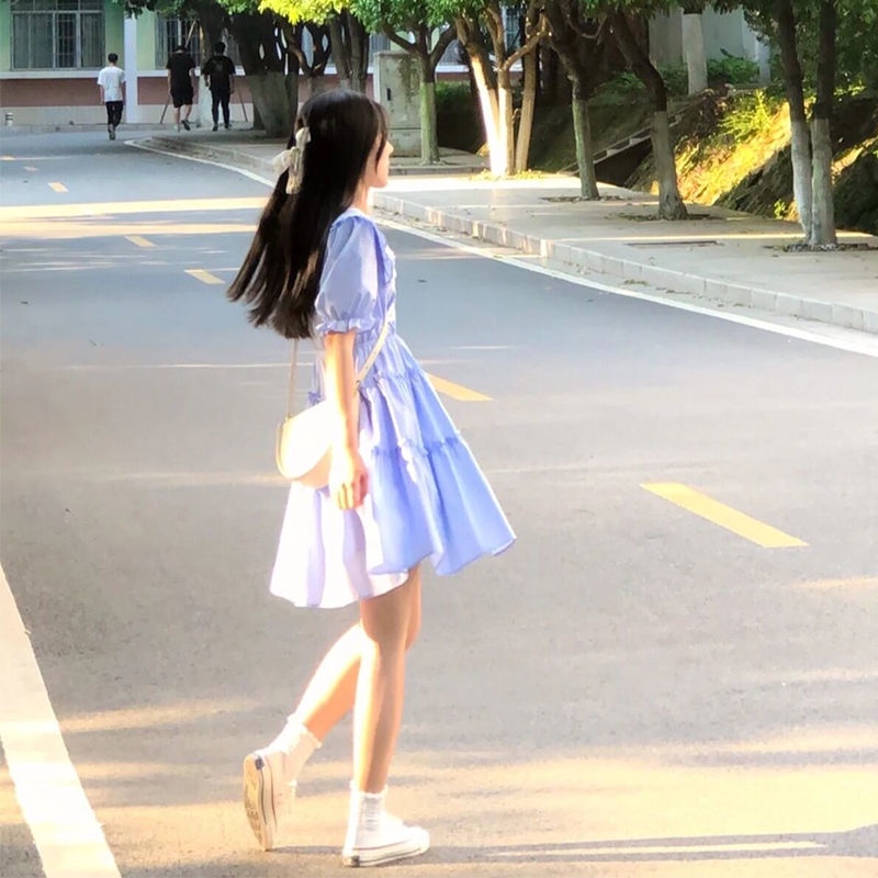 Đầm Tay Phồng Cổ Búp Bê Ghép Mảnh Màu Trơn Phong Cách Hàn Quốc Ngọt Ngào Dễ Thương Mùa Thu Dành Cho Bạn Nữ Sinh