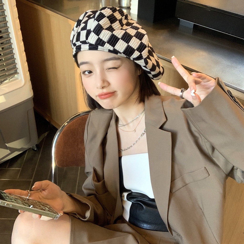 Mũ nồi phối sọc caro phong cách vintage Hàn Quốc