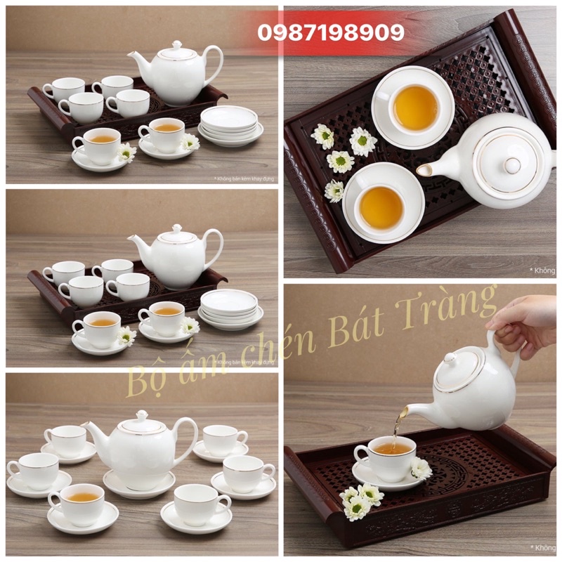 Bộ ấm chén viền vàng men gốm sứ Bát Tràng